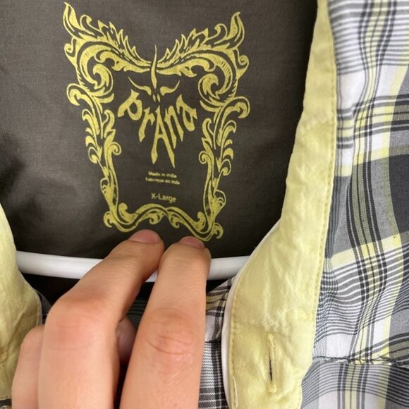Prana Yellow & Brown Plaid Short Sleeve Shirt with Embroidery Design - Picture 6 of 11